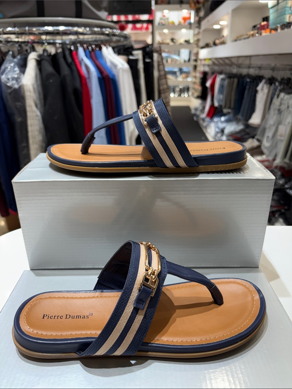 Pierre Dumas Navy and Tan Thong Sandals with Gold Chain Detail - Picture 3 of 5